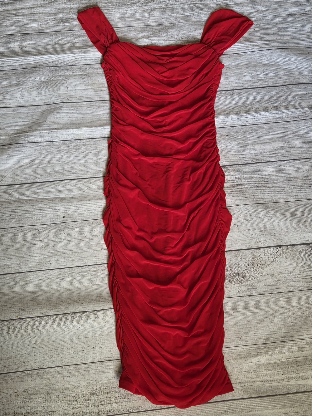 Red Ruched Off-Shoulder Midi Dress